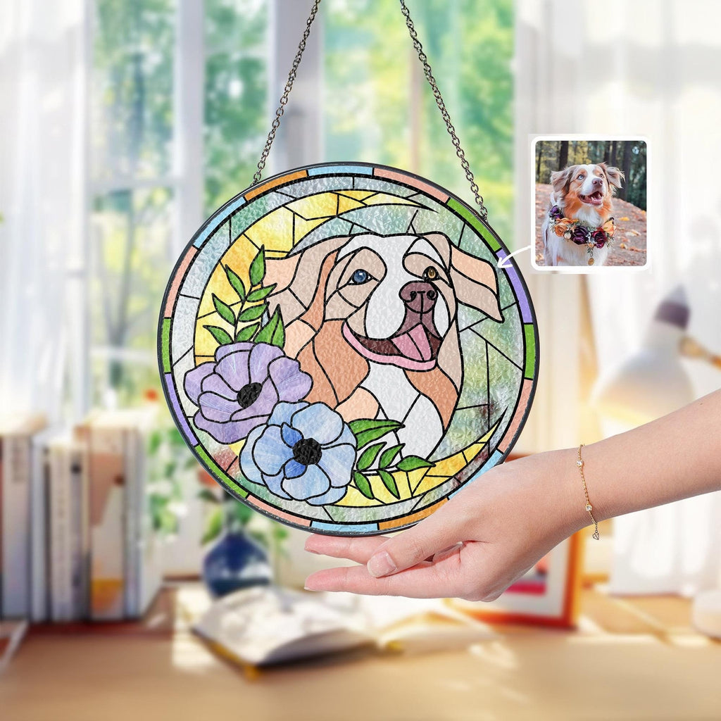 Pet Glass Suncatcher, Personalized Dog And Cat Portrait, Unique Pet Memorial Gift