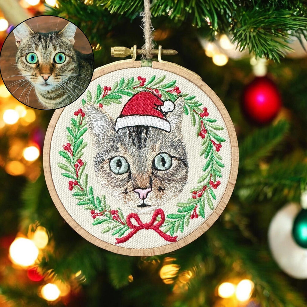 Christmas Embroidered Cat Picture Ornament, Custom Dog Ornament