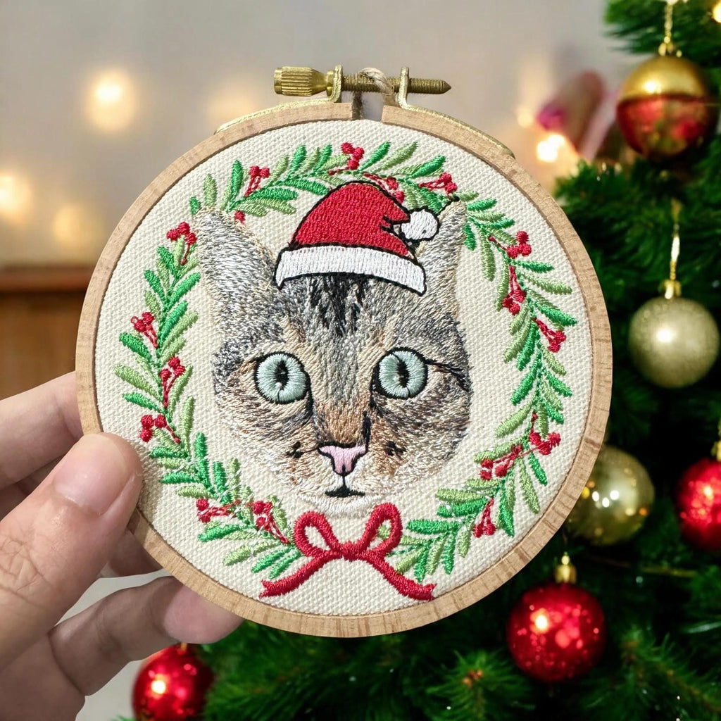 Christmas Embroidered Cat Picture Ornament, Custom Dog Ornament